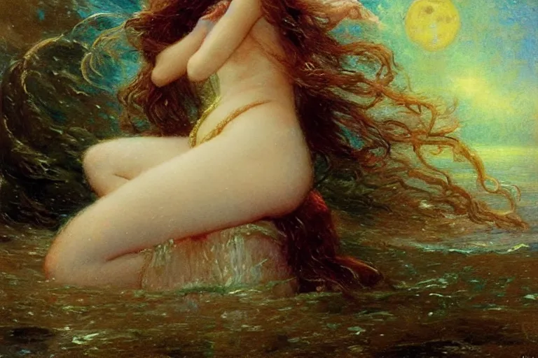 Image similar to portrait of the personification of the moon, goddess of the tides. art by gaston bussiere.