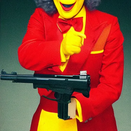 Prompt: Ronald Mcdonald pointing a gun at the camera