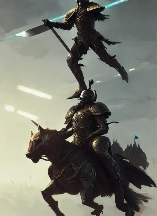 Prompt: epic war commander with futuristic helmet holding two gigantic sword and riding a standing horse. highly detailed, digital painting, concept art, smooth, sharp focus, illustration, art by greg rutkowski