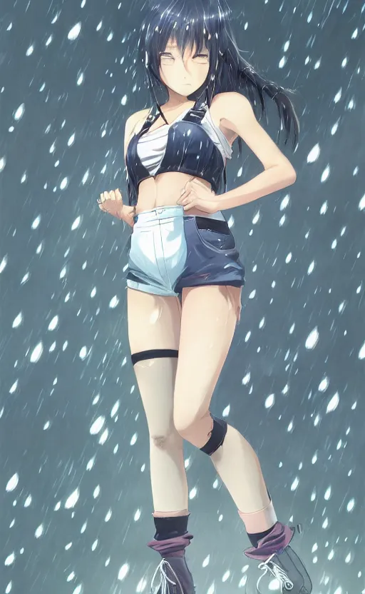 Prompt: anime woman, soft eyes and narrow chin, dainty figure, long hair straight down, torn overalls, sports bra, skimpy shorts, combat boots, fish net leggings, basic white background, side boob, in the rain, wet shirt, symmetrical, single person, style of by Jordan Grimmer and greg rutkowski, crisp lines and color,