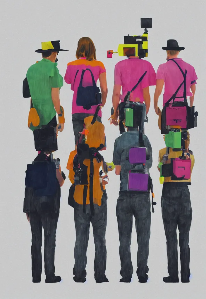 Image similar to full body portrait of a trio of european tourists with nikon cameras, rear views, character designs painting, in the style of wes anderson, rene magritte, lola dupre, david hockney, isolated on white background, dark monochrome neon spraypaint accents volumetric octane render