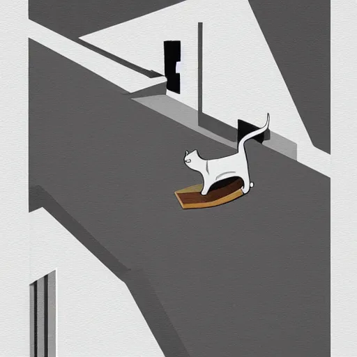 Image similar to a cat walking on the roof of a building, a minimalist painting by Emiliano Ponzi, behance, bauhaus, isometric, matte drawing, flat shading