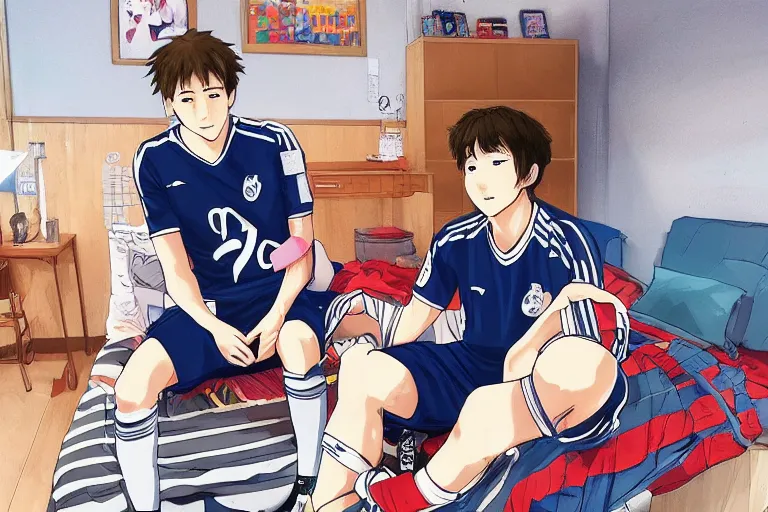 Image similar to beautiful anime harry kane and son heung-min sitting in a 90s teenagers bedroom, highly detailed, realistic, dynamic lighting, cinematic, masterpiece, trending on artstation,