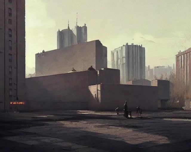 Image similar to brutalist soviet city of warsaw, poland. fantasy art by greg rutkowski, gustave courbet, rosa bonheur, edward hopper. faithfully depicted architecture, realistic, sharp focus, global illumination, radiant light, detailed and intricate environment, trending on artstation