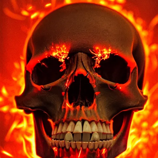 Prompt: close - up, studio photographic portrait, dramatic skull, burning red hot sparks rise, fiery orange glowing flying particles, chiaroscuro, realism, accurate, detailed, regular, unembellished, natural, 7 5 mm, canon, by annie leibovitz