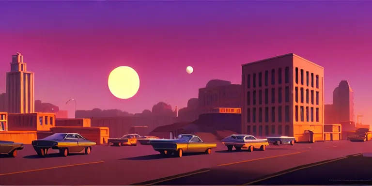 Image similar to an immaculate isometric cinematic keyframe matte painting of a sleek 1 9 7 0 s vaporwave rust belt city at dusk with an oversized moon. by eric lafforgue, glennray tutor and edward hopper, greg rutkowski. trending on artstation.