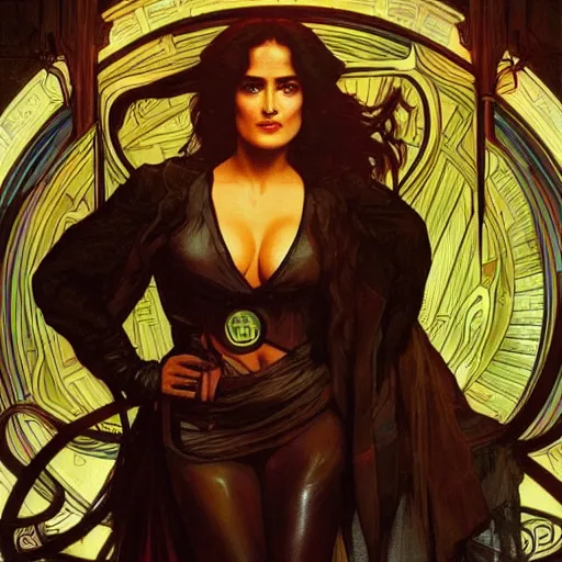 Image similar to salma hayek in a cyberpunk city bar by alphonse mucha, perfect proportions, beautiful face, perfect eyes, real life colors, elegant, sharp focus, hyper - realistic, 4 k, highly detailed, hd, dramatic lighting by brom