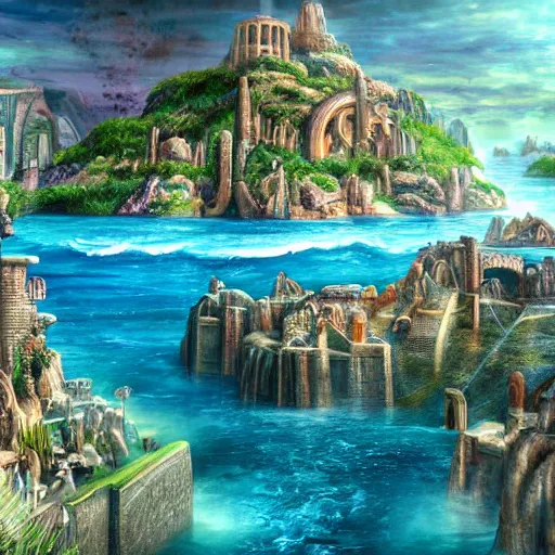 Image similar to lost city of atlantis, hyper realism, colorful, 8 k, realistic,