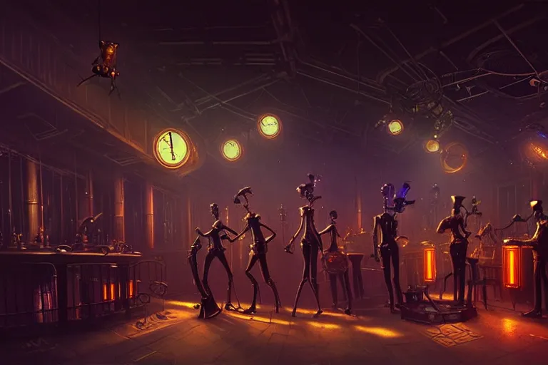 Image similar to night club, 3 steampunk robot jazz musicians, cinematic lighting, exaggerated detailed, unreal engine, art by greg rutkowski