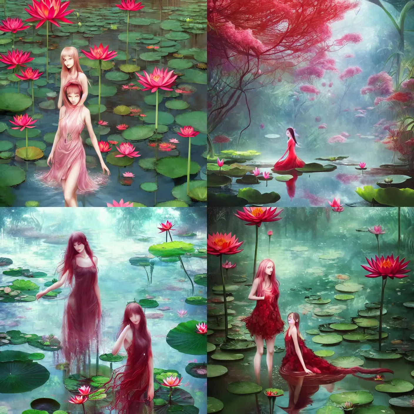 Prompt: a girl standing inside a botanical garden filled with water and red lotus by Anna Dittmannand, digital art. surreal. trending on artstation. anime arts. featured on Pixiv, HD, 8K, highly detailed, good lighting. beautiful. epic.