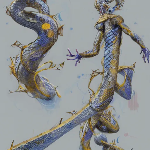 Image similar to concept design sketches for a character that is an ethereal humanoid snake with hands, golden scales and blue accents scattered in its design, art by yuji ikehata and satoshi kon, background art by miyazaki, realism, proper human male proportions, fully clothed, dungeons and dragons, anime