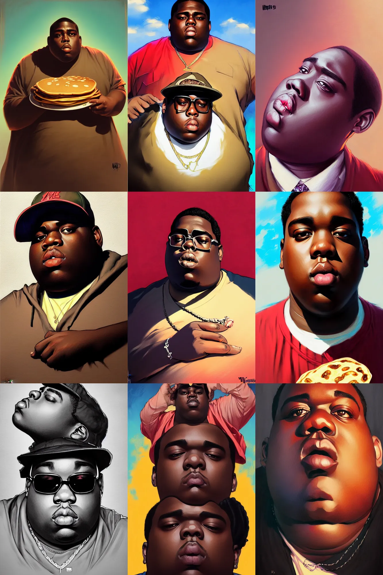Prompt: the notorious b. i. g. as a notorious pancake, anime, shaded lighting poster by magali villeneuve, artgerm, jeremy lipkin and michael garmash, rob rey and kentaro miura style, trending on art station