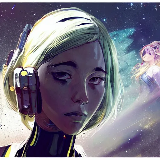 Prompt: highly detailed portrait of a haughty young astronaut lady with a wavy blonde hair, by Dustin Nguyen, Akihiko Yoshida, Greg Tocchini, Greg Rutkowski, Cliff Chiang, 4k resolution, nightclub dancing inspired, nier:automata inspired, rave inspired, vibrant but dreary gold, silver, opal, black and white color scheme!!! ((Space nebula nightlife background))