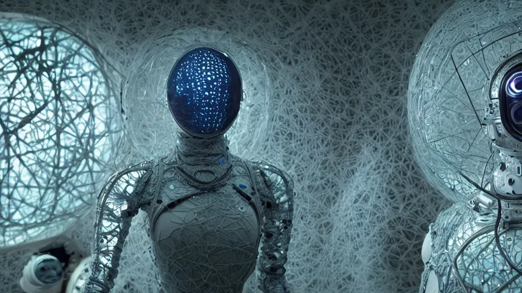 Image similar to a cybernetic symbiosis of a single astronaut eva suit made of wearing knitted yarn thread infected with diamond 3d fractal lace iridescent bubble 3d skin covered with insectoid compound eye camera lenses floats through the living room, film still from the movie directed by Denis Villeneuve with art direction by Salvador Dalí, wide lens,