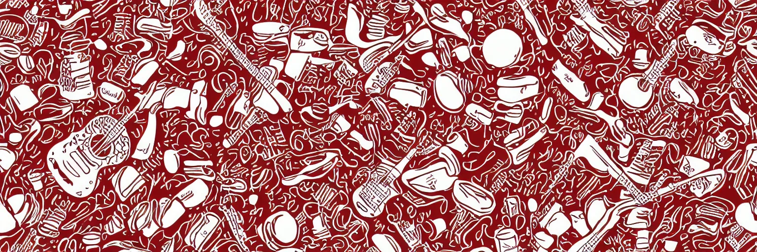 Image similar to seamless pattern design, coffee and guitar, vector, simple, red and white,