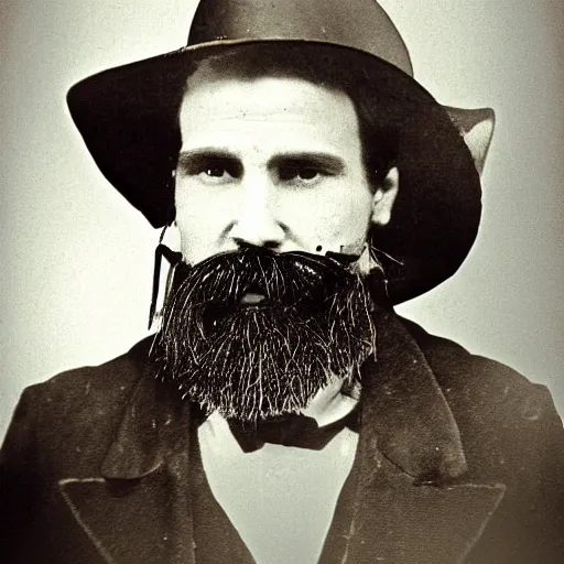 Prompt: A photograph portrait of Jerma985 as a cowboy with a pyramidal mustache in the late 1800s, taken in the late 1800s, 1870s, grainy, taken on a Field View Camera, realistic, hyperrealistic, very realistic, highly detailed, very detailed, extremely detailed, detailed, digital art, trending on artstation