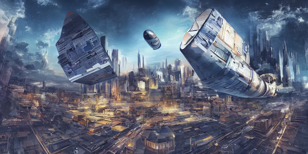 Prompt: multi - dimensional urban space, exotic concepts, digital painting, spacecraft, rocket, 3 d city, city sky