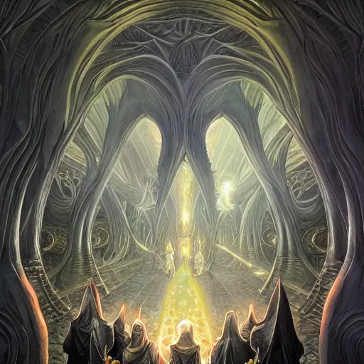 Prompt: a dark cabal of multiple hooded elven mystics in long robes gathered in a circular formation around a quantum computer, advanced technology, dan seagrave, michael whelan art, beautifully detailed epic scifi art, symmetrical, cgsociety, artstation