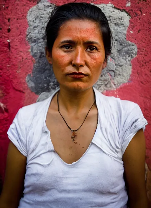 Prompt: Mid-shot portrait of a stylish 30-year-old woman from Guatemala, candid street portrait in the style of Martin Schoeller, strong red and greens, award winning, Sony a7R