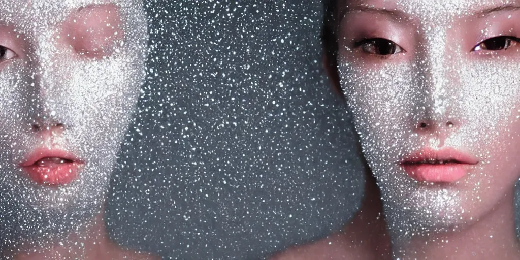 Prompt: glitter and droplets of clear water on beautiful skin, no face, no head