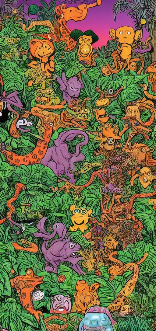 Image similar to a jungle of lies, with creatures of all kinds, full color in the style of jim woodring