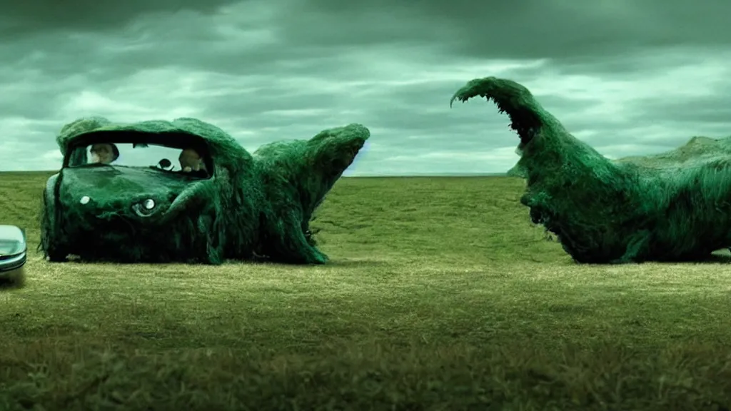 Image similar to the strange creature waits by the car, made of Chlorophyll and blood, film still from the movie directed by Denis Villeneuve with art direction by Salvador Dalí, wide lens