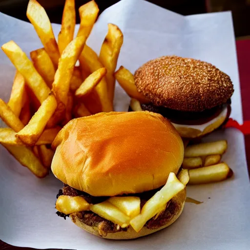 Prompt: a deep fried double cheeseburger with fries t