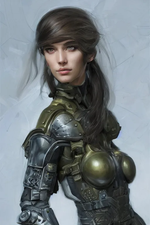 Image similar to a professionally painted portrait of an attractive young woman, clothed in military armor, olive skin, long dark hair, beautiful bone structure, symmetrical facial features, intricate, elegant, digital painting, trending on Artstation, concept art, smooth, sharp focus, illustration, from Metal Gear by Ruan Jia and Mandy Jurgens and Artgerm and William-Adolphe Bouguerea, award winning