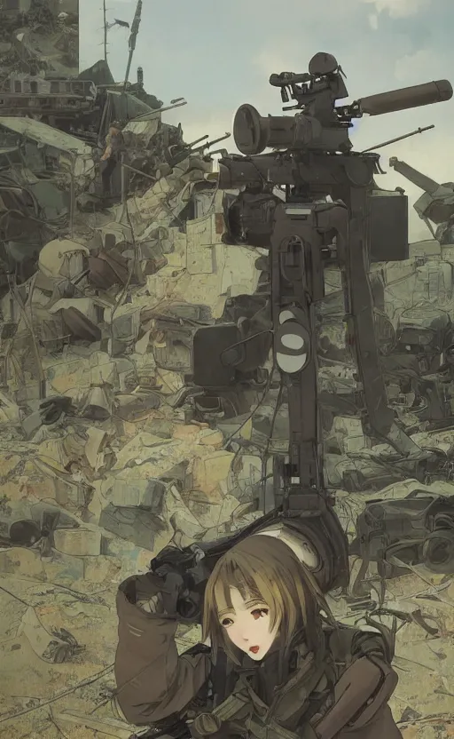 Prompt: anime style, modern warfare, panoramic view of girl under artillery fire, trench and sandbags in background, soldier clothing, hair down, symmetrical facial features, from arknights, wallpaper, trending pixiv, safebooru, volumetric modelling, think in 3 d, by alphonse mucha, greg rutkowski, sharp focus, backlit