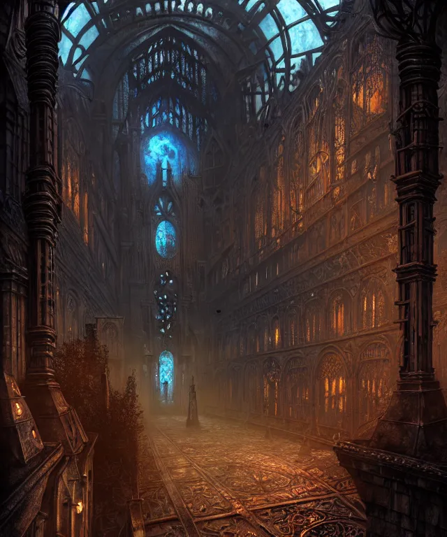 Image similar to steam necropolis, memento mori, gothic, neo - gothic, art nouveau, hyperdetailed copper patina medieval icon, stefan morrell, philippe druillet, ralph mcquarrie, concept art, steampunk, unreal engine, detailed intricate environment, octane render, moody atmospherics, volumetric lighting, ultrasharp, ominous, otherworldly