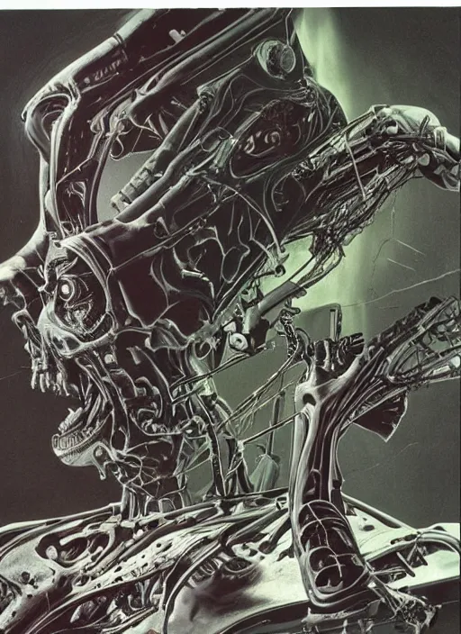 Prompt: sci - fi practical fx of a spooky cyborg alien being defeated. art by ridley scott and david cronenberg 1 9 7 0