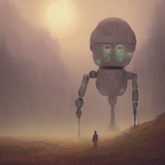 Image similar to elvish robot, foggy, extremely detailed, sharp focus, pastel colors, intricate, realistic, smooth, volumetric lighting, digital painting, by simon stalenhag