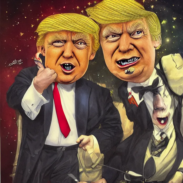 Image similar to a caricature of Donald Trump, with glowing yellow eyes, in style of Tom Bagshaw