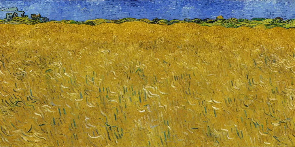 Image similar to golden wheat field, harvest, actual, lifelike, by vincent van gogh