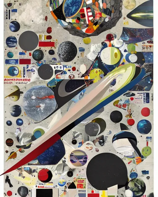 Image similar to A mid-century modern collage, made of random shapes cut from fashion and science magazines and text books, of Space Travel, landing on the moon.