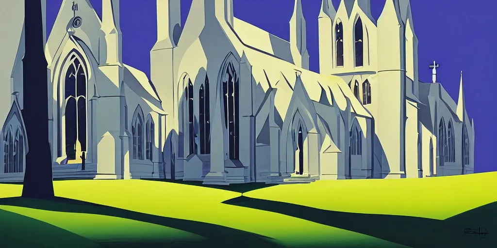 Prompt: church, gouache, animated film, stylised, illustration, by eyvind earle, scott wills, genndy tartakovski, syd mead