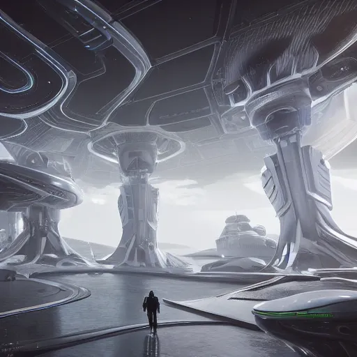 Image similar to photo of alien futuristic architecture, open white spaces glowing tech, scifi, intricate, detailed, unreal engine 5, photo - realism, hyperreal