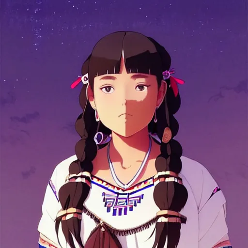 Image similar to a beautiful! plus sized native women instagram model, brown skin, wearing elegant catholic school girl designer fashion with mayan pattern and native style, aztec street fashion, gapmoe yandere grimdark, trending on pixiv fanbox, painted by greg rutkowski makoto shinkai takashi takeuchi studio ghibli, akihiko yoshida