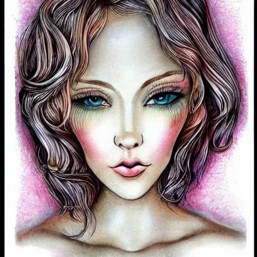 Prompt: beautiful pale blonde with giant soft dreamy liquid eyes. Fine detailed colored ink blotter art.