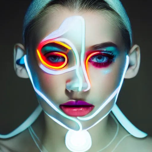 Prompt: high fashion photography of a model in neo futurism white sci - fi makup, transparent cloth, beautifully lit by neon light