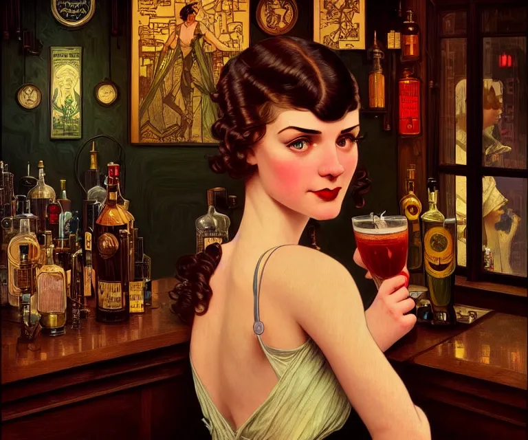 Prompt: character portrait of young woman as a beautiful barmaid, cozy dark crowded 1920s speakeasy tavern, dystopian 1920s soviet mood, intricate, wild, highly detailed, digital painting, artstation, concept art, smooth, sharp focus, illustration, art by artgerm and greg rutkowski and alphonse mucha, vibrant deep colors, 🍸, 8k octane beautifully detailed render, post-processing, extremely hyperdetailed, Art Nouveau, masterpiece, dizzy, foggy