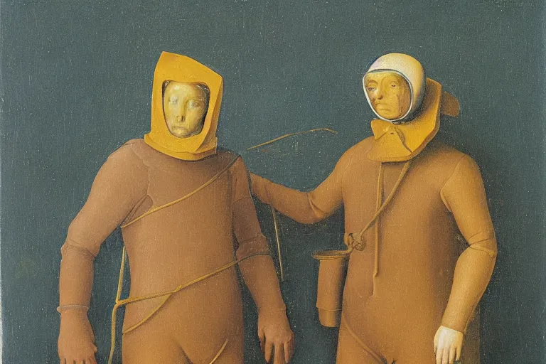 Prompt: hierronymus bosch oil painting portrait of a man in a brass and cloth diving suit. muted colour palette