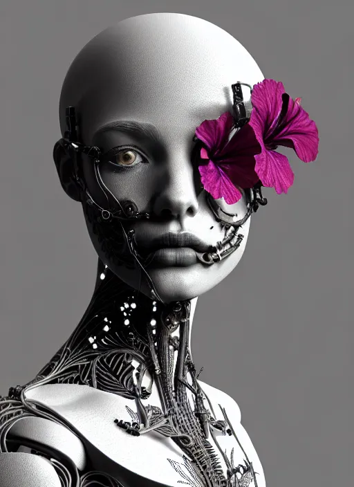 Image similar to monochrome 3 d model, biomechanical beautiful young female cyborg with porcelain profile face and a big floral eye, volumetric light, leaves foliage and stems, hibiscus flowers, boho floral vines, sinuous fine roots, fine foliage lace, alexander mcqueen, rim light, big gothic fashion pearl embroidered collar, steampunk, octane render, 8 k