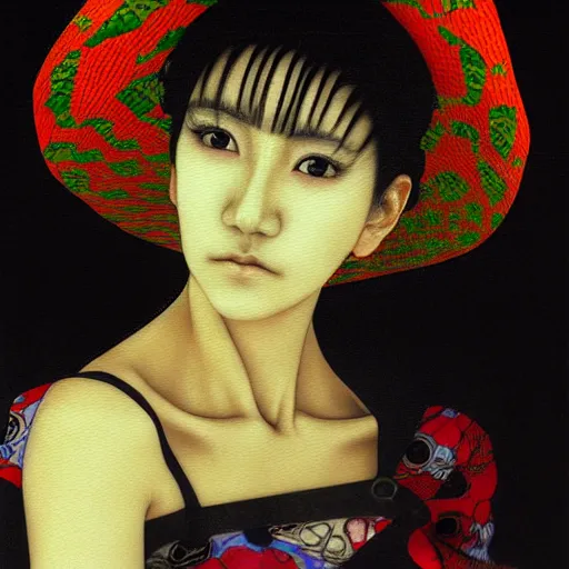 Prompt: yoshitaka amano blurred and dreamy realistic three quarter angle portrait of a mexican woman with short hair and black eyes wearing mariachi suit, junji ito abstract patterns in the background, satoshi kon anime, noisy film grain effect, highly detailed, renaissance oil painting, weird portrait angle, blurred lost edges