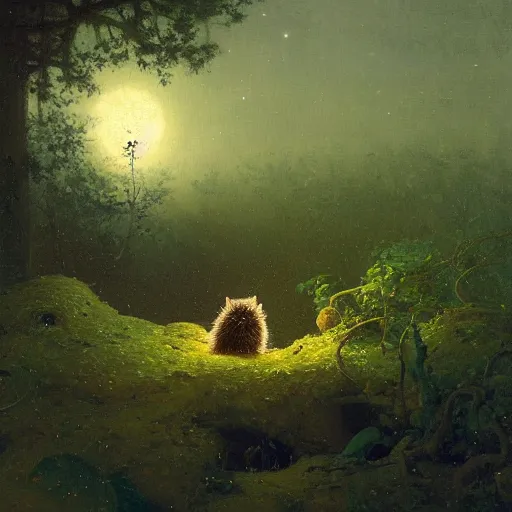 Image similar to an oil painting of a hedgehod sitting in a moonlit forrest with a clear sky and visible stars. By carl spitzweg tuomas korpi and greg rutkowski