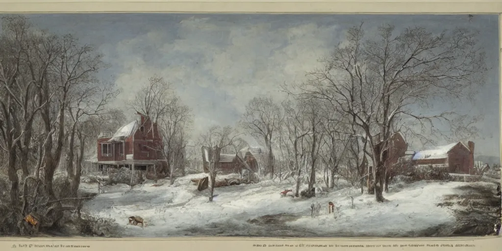 Prompt: a house in construction during a severe winter, by george henry durrie