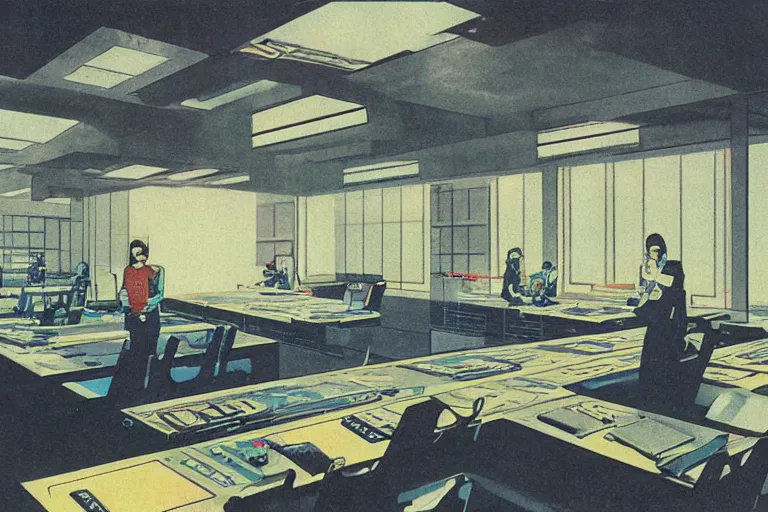 Image similar to 1979 OMNI Magazine Cover depicting a large architectural drafting room. Cyberpunk Akira style by Vincent Di Fate