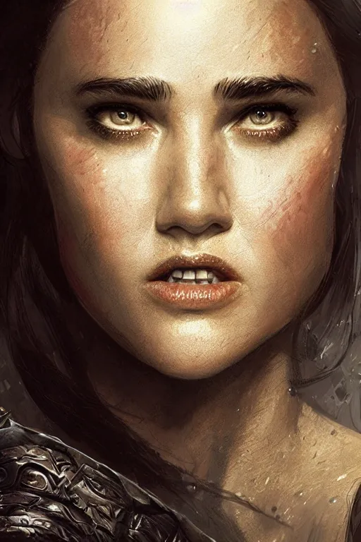 Prompt: portrait of Young Jennifer Connelly as Xena warrior princess , face portrait, raphael lacoste, eddie mendoza, alex ross, concept art, matte painting, highly detailed, rule of thirds, dynamic lighting, cinematic, detailed, denoised, centred