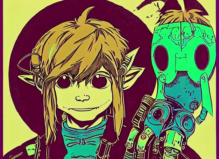 Image similar to biopunk majoras mask link from zelda!! portrait illustration, pop art, splash painting, art by geof darrow, ashley wood, alphonse mucha, makoto shinkai