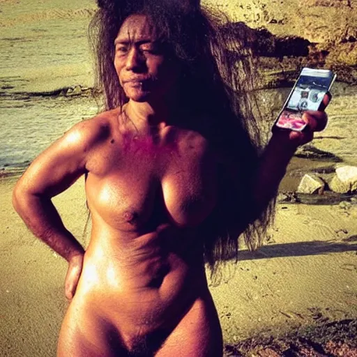 Image similar to “ a primitive pre human woman Neanderthal ,hairy body, posing for a photo with an iPhone in a trending fashion way, anthropology photography, National Geographic ”